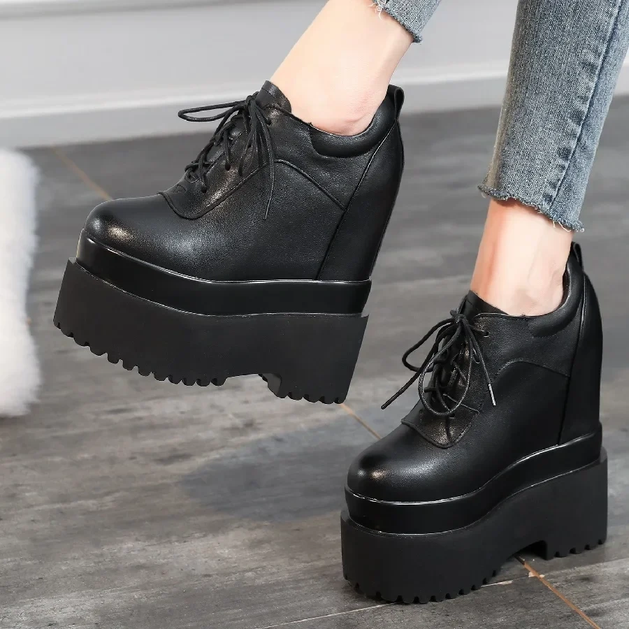 Spring Autumn New Korean Style Slim Height Increasing 16 CM High Heels Platform Lace-Up Genuine Leather Women Modern Pumps 2412
