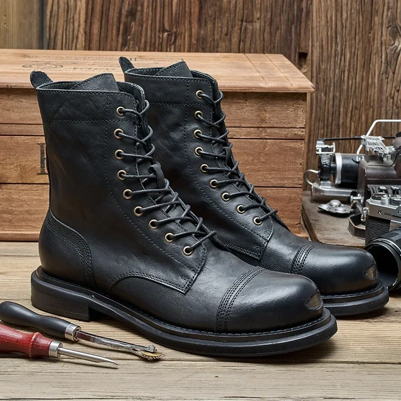 Spring Autumn New British Style Retro Thick Low Heels Sewing Handmade Cross-tied Genuine Leather Men High Top Motorcycle Boots