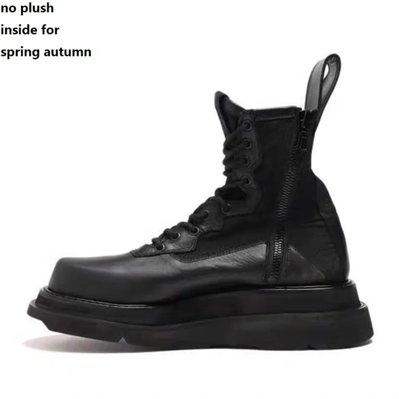 Spring Autumn Retro Chunky Sole Platform Cross-tied Genuine Leather Zipper Men High Top Motorcycle Boots Winter Plush 2412