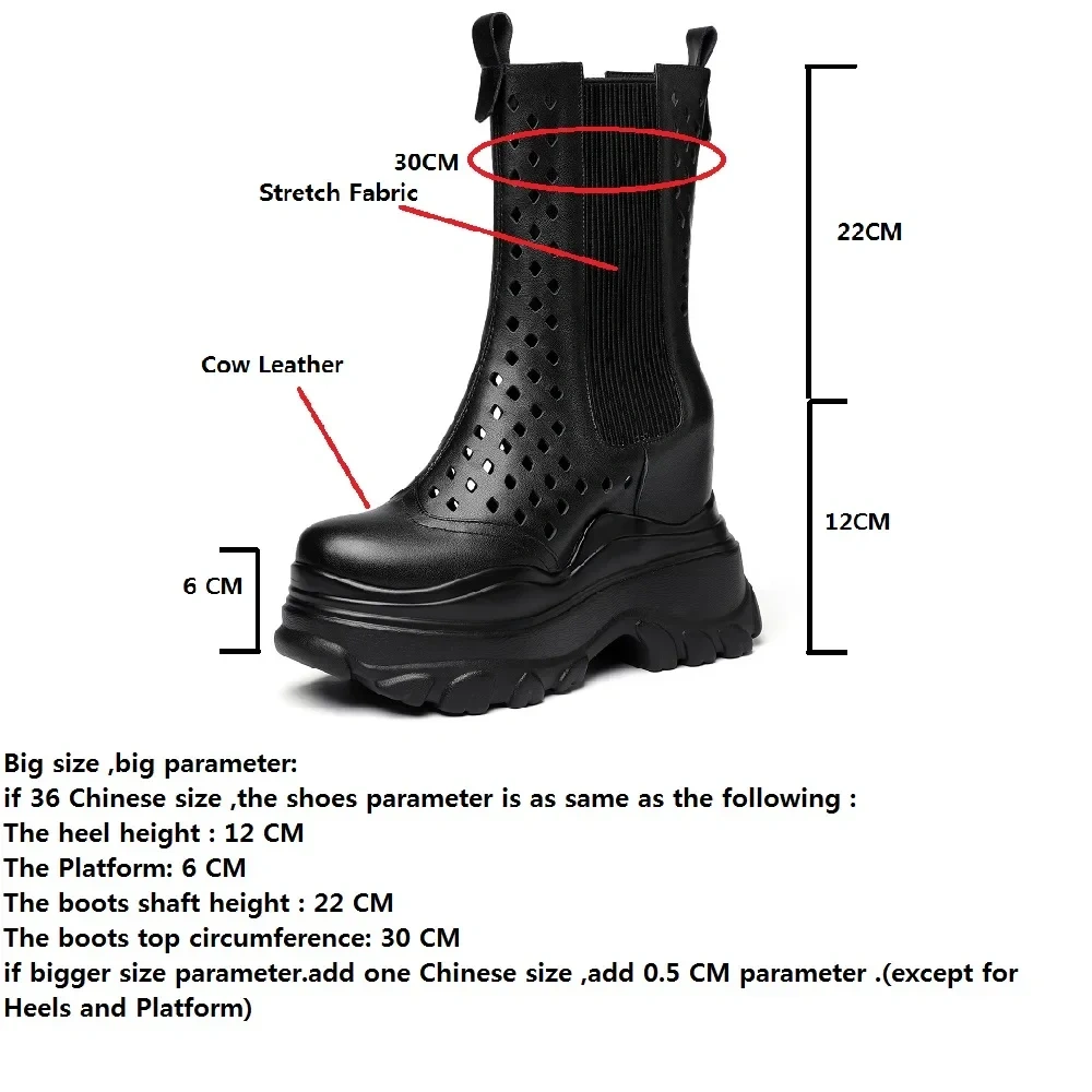Summer New British Style Slim Height Increasing Platform Wedges Hollow Genuine Leather Slip-On Women Mid-Calf Chelsea Boots 412