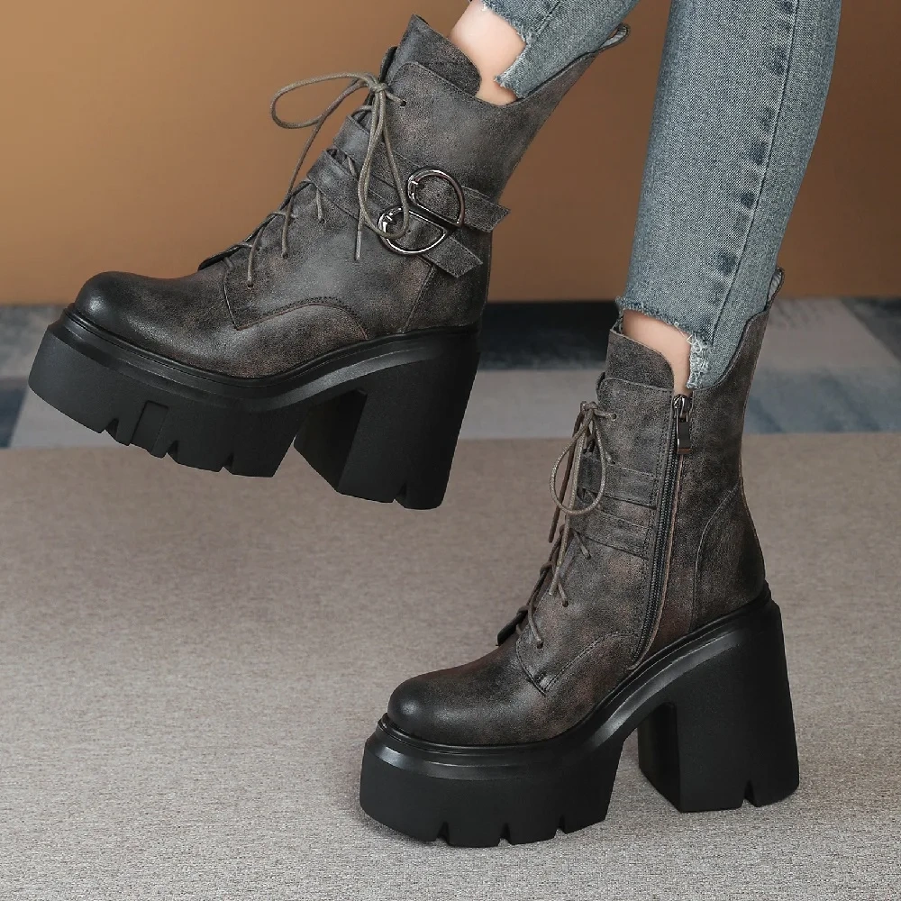 Spring Autumn Winter New Retro 12CM High Heels Platform Cross-tied Belt Buckle Genuine Leather Women Ankle Short Modern Boots