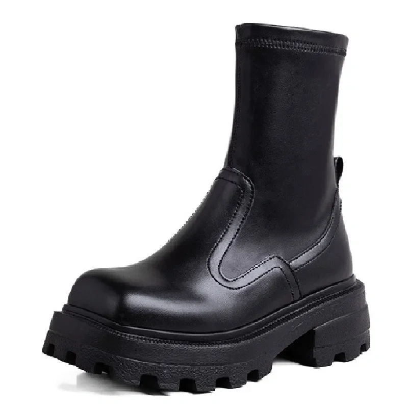 Spring Autumn New British Style Fashion Thick High Heels Square Toe Sewing Platform Patent Leather Women Mid-Calf Modern Boots