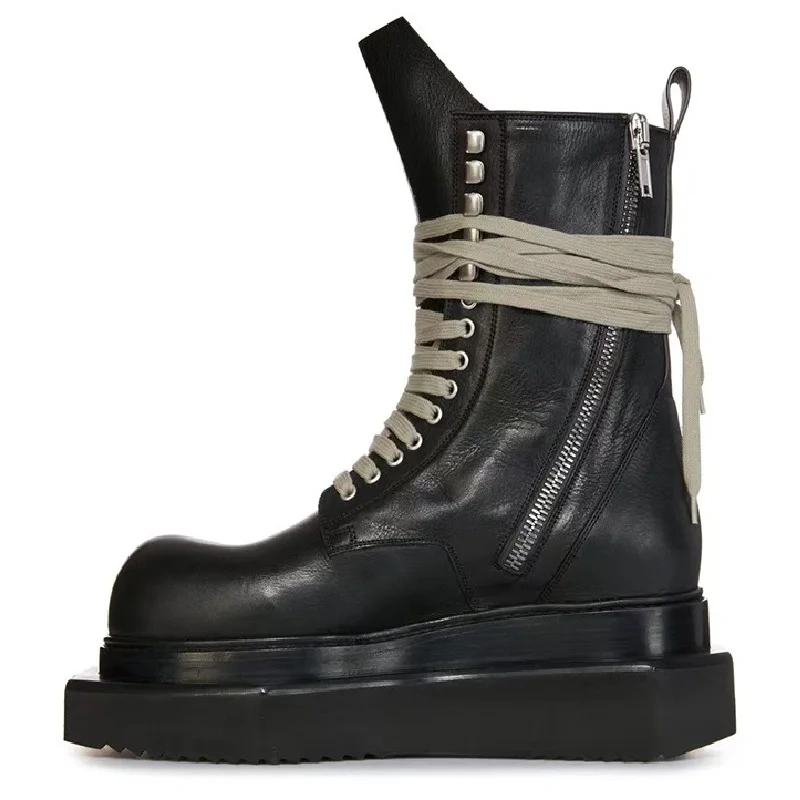 Spring Autumn New Punk Style Chunky Sole Platform Cross-tied Genuine Leather Zipper Men High Top Motorcycle Boots 2411