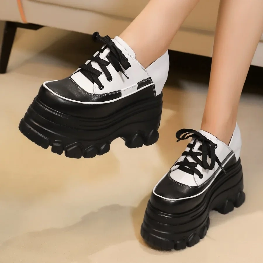 Spring Autumn New Korean Style Slim Height Increasing Platform Mixed Colors Lace-Up Genuine Leather Women Casual Shoea Sneakers
