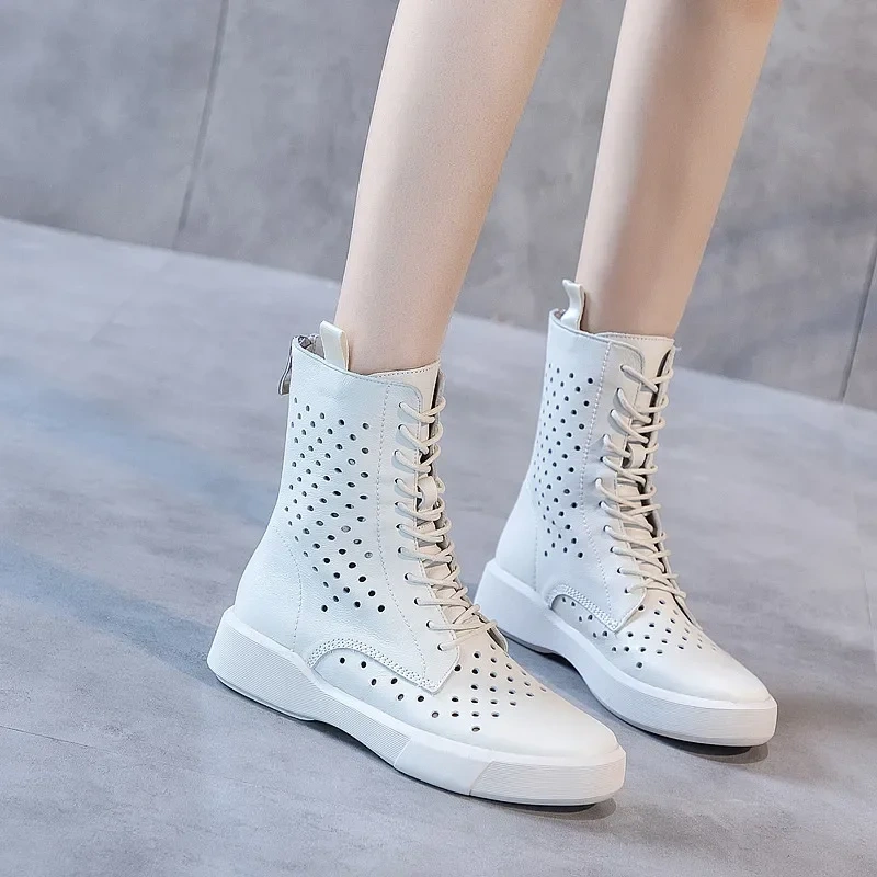 Summer Women Genuine Leather Cut Out Fashion Lace Up Platform Single Shoes Round Toe Breathable Concise Short Boots 230302