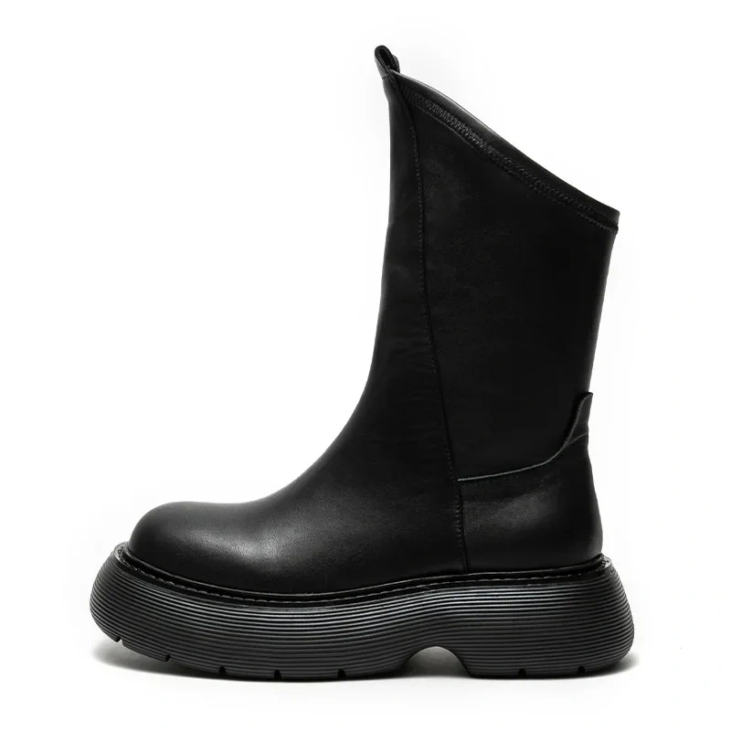 Spring Autumn New British Concise Style Chunky Sole Sewing Genuine Leather Slip-On Men High Top Mid-Calf Motorcycle Boots 41210