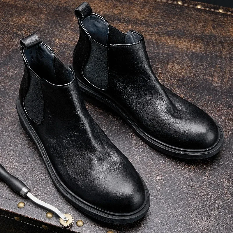 Spring Autumn New British Style Retro Thick Heels Sewing Slip-On Genuine Leather Men Ankle Short Chelsea Boots Winter Plush 2307