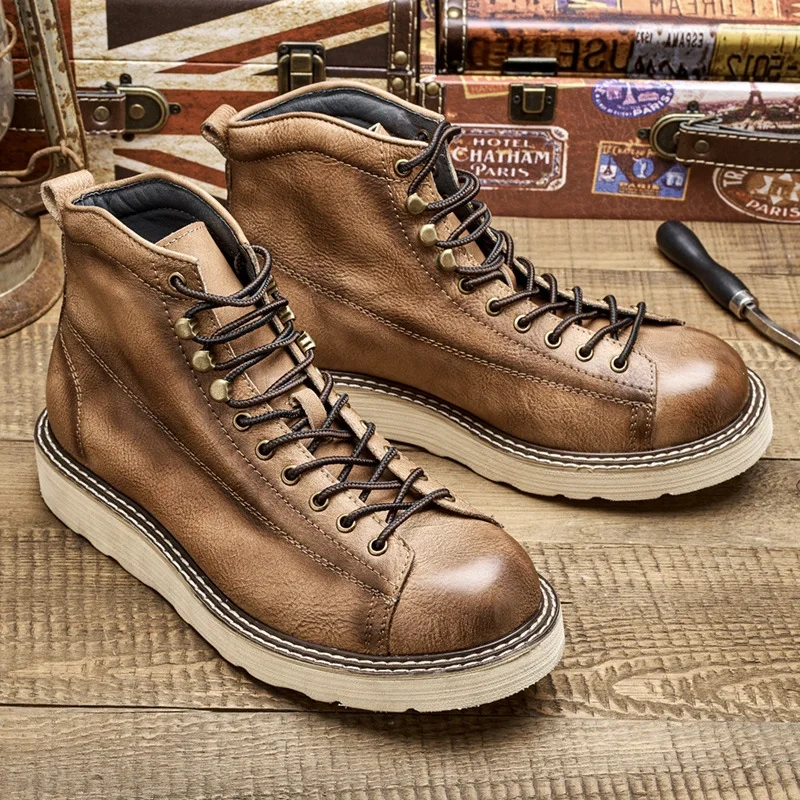 Spring Autumn New British Style Leisure Chunky Genuine Leather Men Ankle Short Work Boots Winter Plush Retro Handmade Shoes