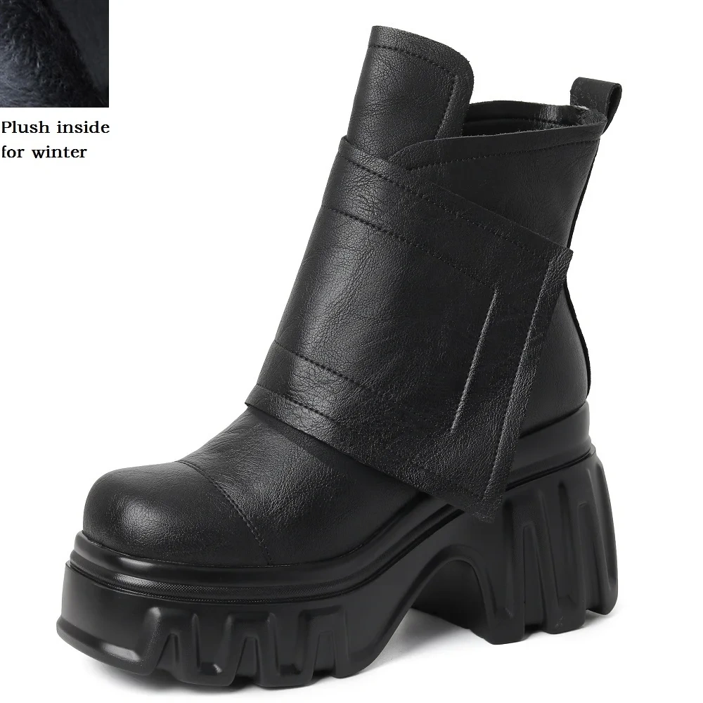 Spring Autumn New Slim 10CM Super High Heels Platform Square Toe Genuine Leather Women Ankle Short Modern Boots Winter Plush