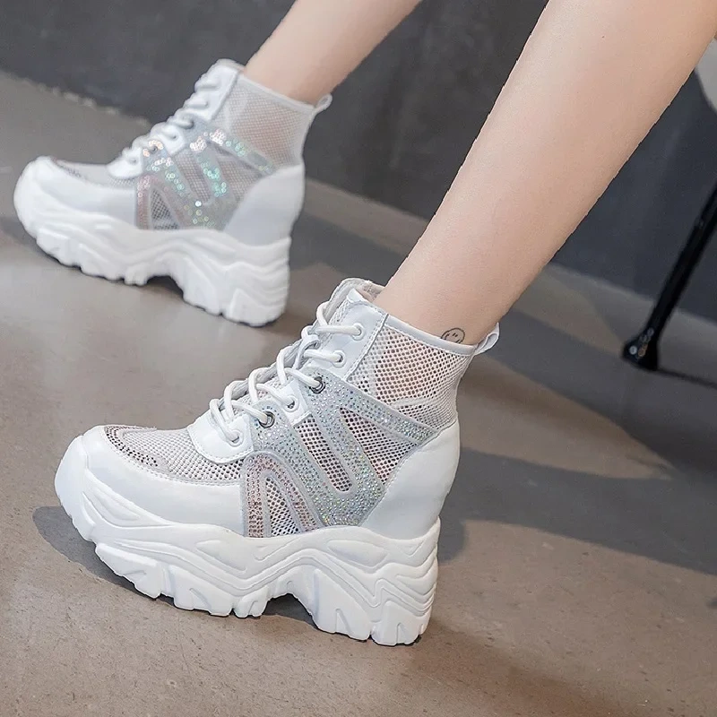 Women Pumps Summer New Slim Height Increasing Platform Bling  Crystal Breathable Mesh Genuine Leather Ladies Casual Sneakers 230