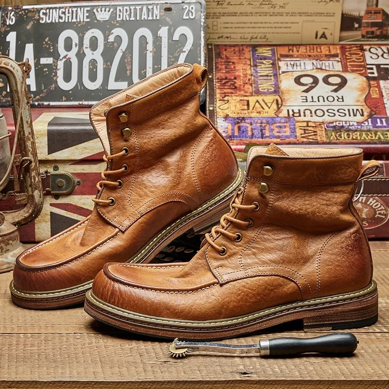 Spring Autumn New British Style Retro Thick Heels Round Toe Sewing Lace-Up Genuine Leather Men High Top Motorcycle Boots 2411