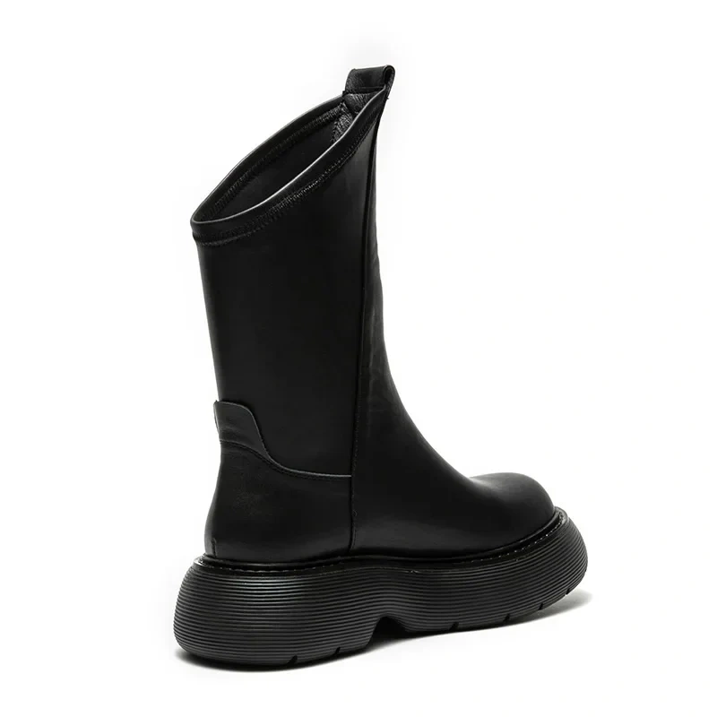 Spring Autumn New British Concise Style Chunky Sole Sewing Genuine Leather Slip-On Men High Top Mid-Calf Motorcycle Boots 41210