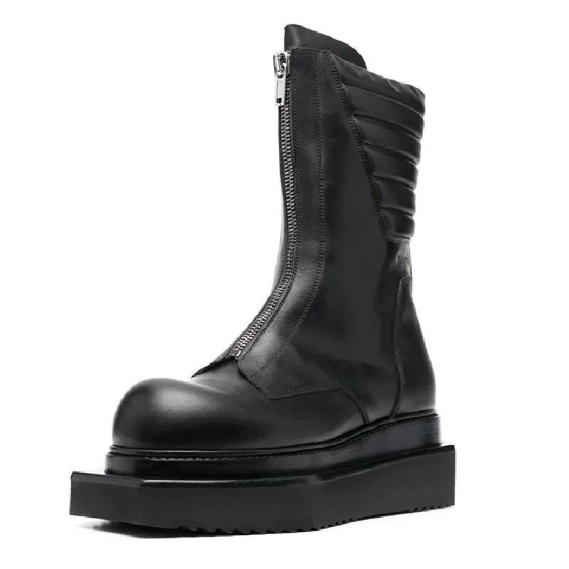 Spring Autumn New Leisure Chunky Bottom Platform Pleated Zippers Black Size 38-44 Genuine Leather Men Mid-Calf Motorcycle Boots 60124