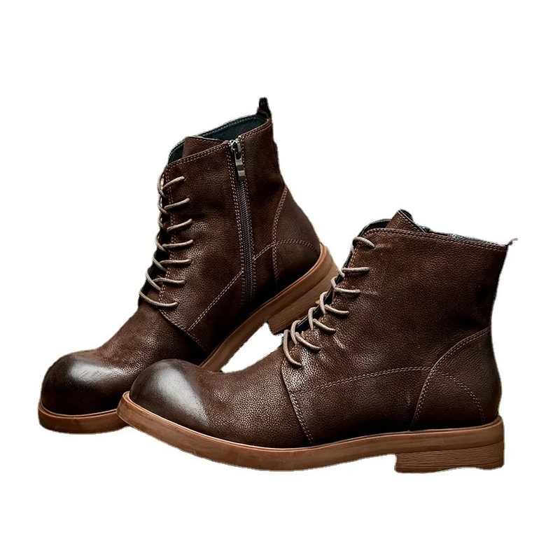British Style New Retro Leisure Chunky Bottom Sewing Cross-tied Full Grain Leather Side Zipper Men Ankle High Top Motorcycle Boots 60124