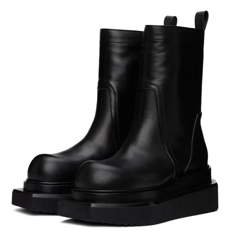 Spring Autumn New European America Style Slim Chunky Bottom Platform Sewing Side Zipper Genuine Leather Men High Top Motorcycle Boots 60124