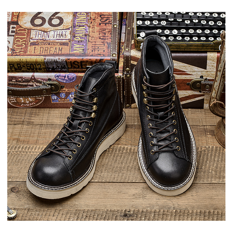 New British Style Leisure Chunky Genuine Leather Lace Up Men Motorcycle Ankle Short Work Boots Winter Plush Warm Retro Handmade Shoes 60124