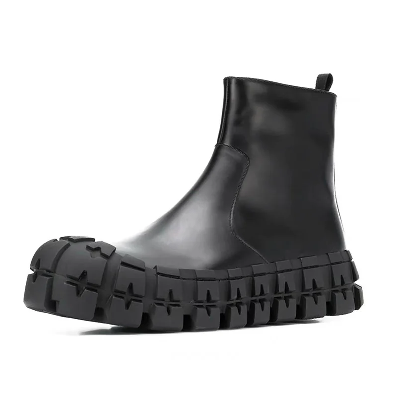 Spring Autumn New British Style Retro Chunky Gear Bottom Platform Side Zipper Winter Plush Warm Sewing Genuine Leather Men Ankle Short Motorcycle Boots 60124