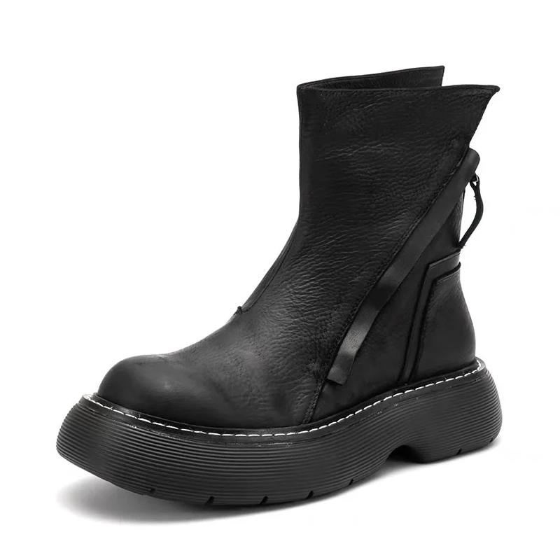 Spring Autumn British Style 5.5 CM Chunky Bottom Platform Sewing Double Zipper Genuine Leather Anti-Slip Men Mid-Calf Work Safety Boots Winter Plush Inside Motorcycle Boots 60124