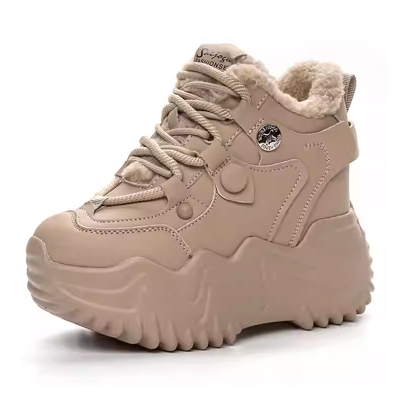 Winter Plush Inside Warm New Slim 12 CM Thick Sole Height Increasing Platform Spring Autumn Breathable Cross-tied Genuine Leather Women Casual Shoes 60124