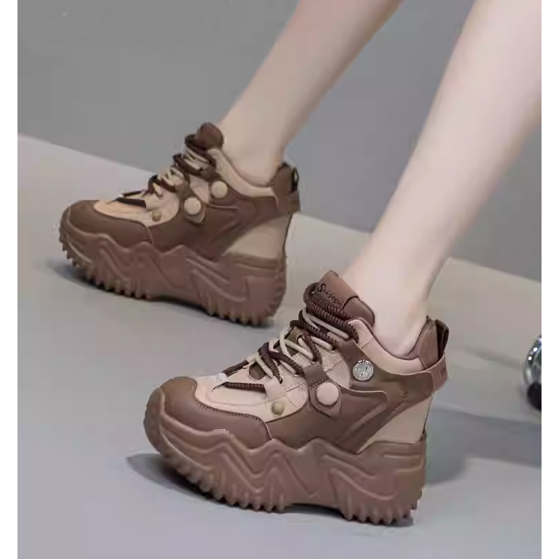 Winter Plush Inside Warm New Slim 12 CM Thick Sole Height Increasing Platform Spring Autumn Breathable Cross-tied Genuine Leather Women Casual Shoes 60124
