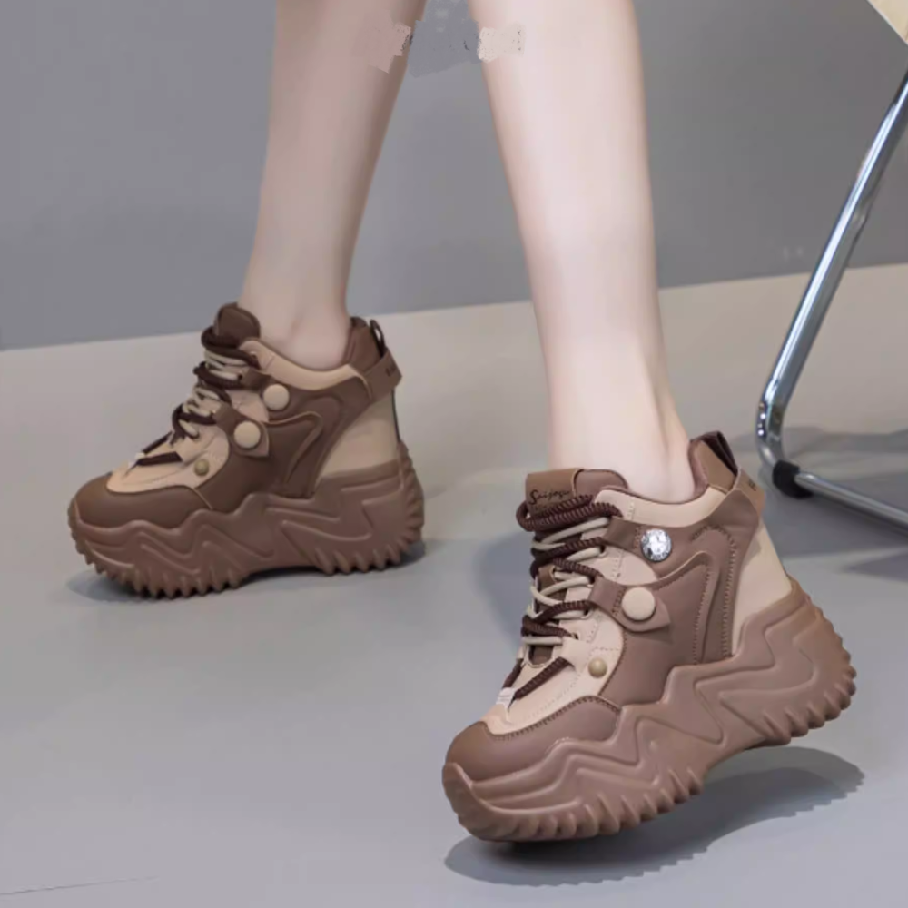 Winter Plush Inside Warm New Slim 12 CM Thick Sole Height Increasing Platform Spring Autumn Breathable Cross-tied Genuine Leather Women Casual Shoes 60124