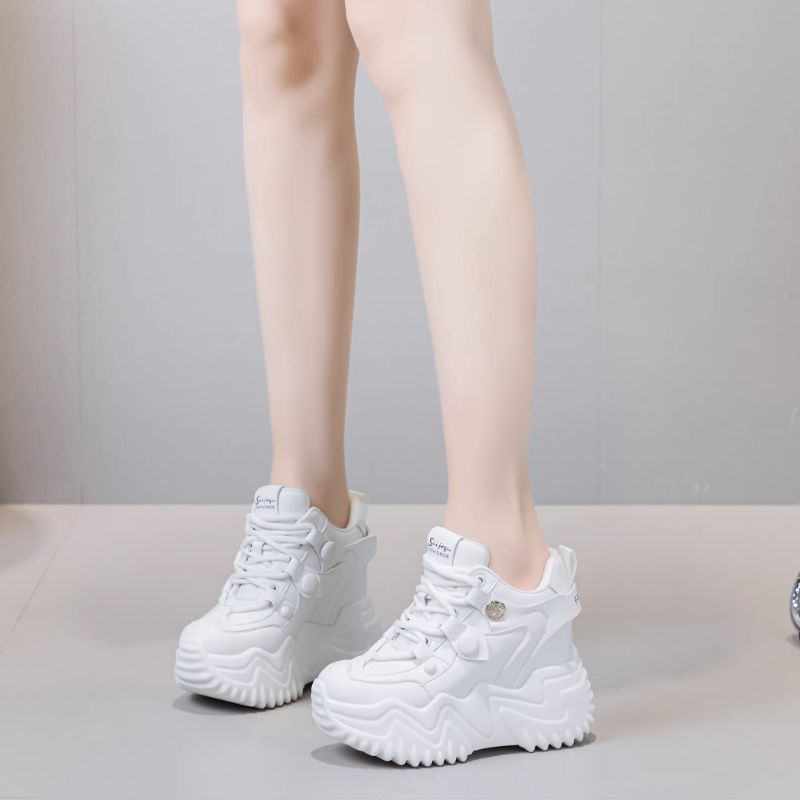 Winter Plush Inside Warm New Slim 12 CM Thick Sole Height Increasing Platform Spring Autumn Breathable Cross-tied Genuine Leather Women Casual Shoes 60124