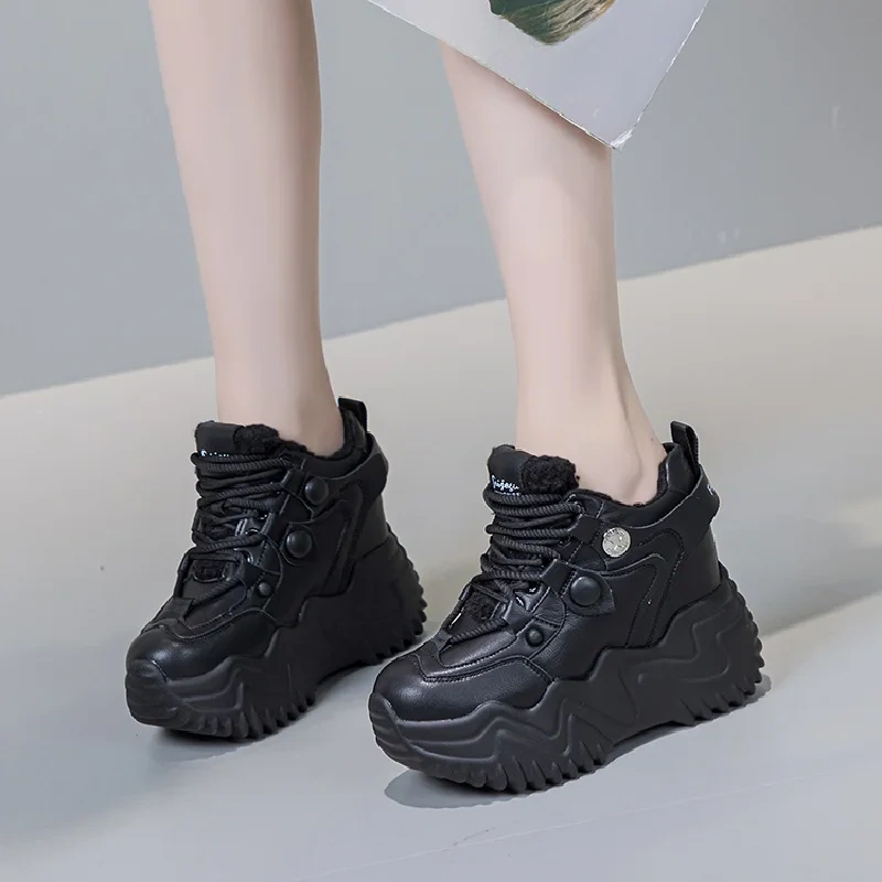 Winter New Internal Celebrity Slim Height Increasing Platform Plush Inside Cross-tied Genuine Leather Women Casual Shoes 2312