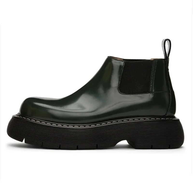 Spring Autumn New British Style Retro Chunky Bottom Platform Sewing Slip On Genuine Leather Stretch Fabric Men Ankle Low Top Short Chelsea Boots 60124