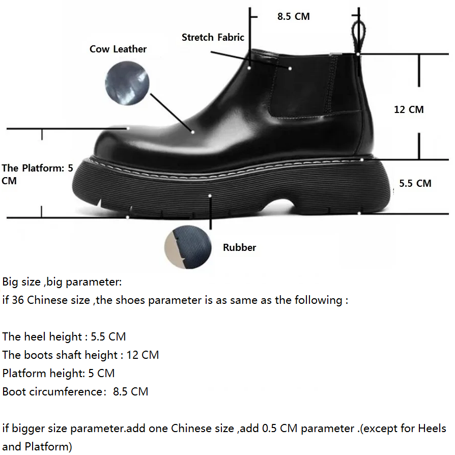 Spring Autumn New British Style Retro Chunky Bottom Platform Sewing Slip On Genuine Leather Stretch Fabric Men Ankle Low Top Short Chelsea Boots 60124