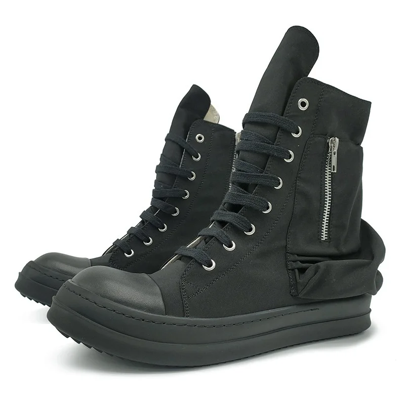 Spring Autumn New Leisure 3.5 CM Chunky Bottom Platform Cross-tied Side Zipper Pockets Canvas Men Mid-Calf High Top Outdoor Boots Sneakers 60124