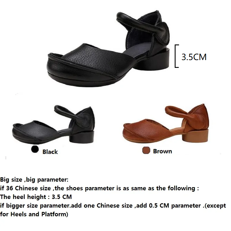 Summer New National Style Retro Thick Heels Round Toe Handmade Sewing Belt Shallow Mouth Hook Loop Genuine Leather Women Casual Sandals 60124