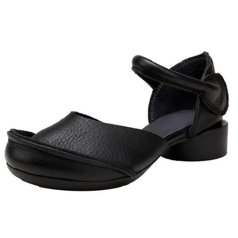 Summer New National Style Retro Thick Heels Round Toe Handmade Sewing Belt Shallow Mouth Hook Loop Genuine Leather Women Casual Sandals 60124