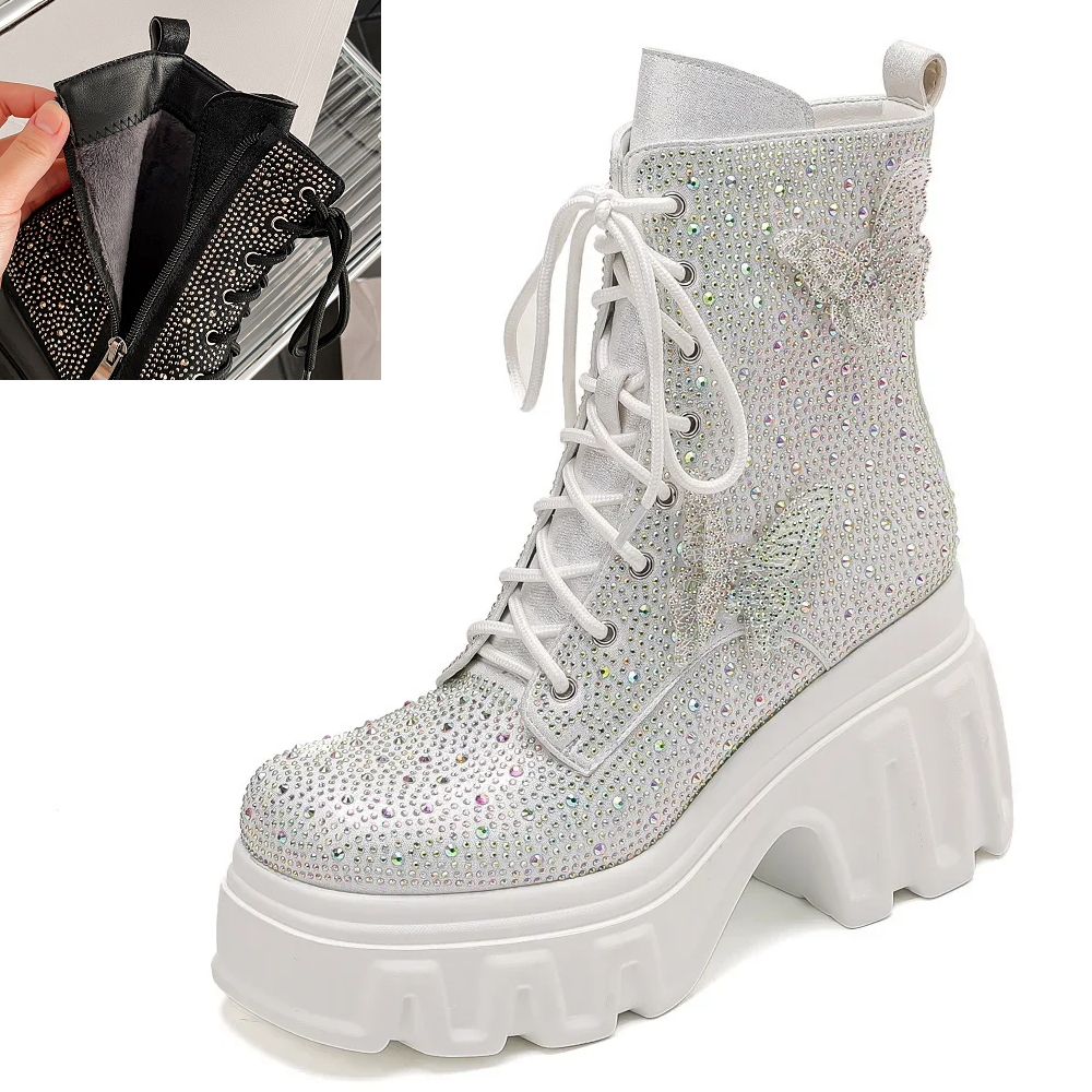 Spring Autumn New Super High Heels Platform Square Toe Winter Short Plush Bowknot Crystals Genuine Leather Women Ankle Short Modern Boots 60125