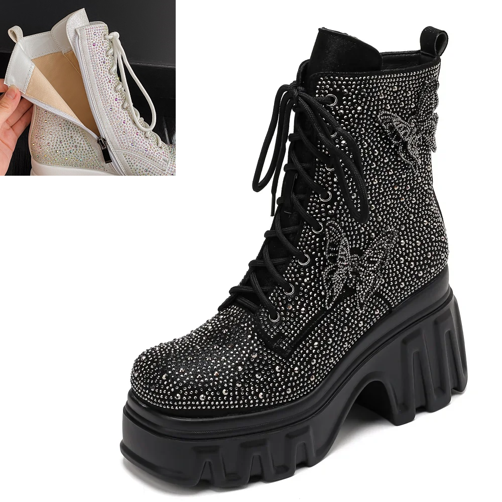 Spring Autumn New Super High Heels Platform Square Toe Winter Short Plush Bowknot Crystals Genuine Leather Women Ankle Short Modern Boots 60125