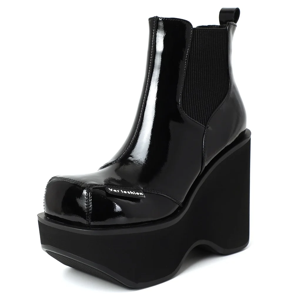 Spring Autumn New British Style Slim 12 CM High Heels Wedges Winter Short Plush Platform Square Toe Slip-On Stretch Fabric Cow Leather Women Ankle Short Chelsea Boots