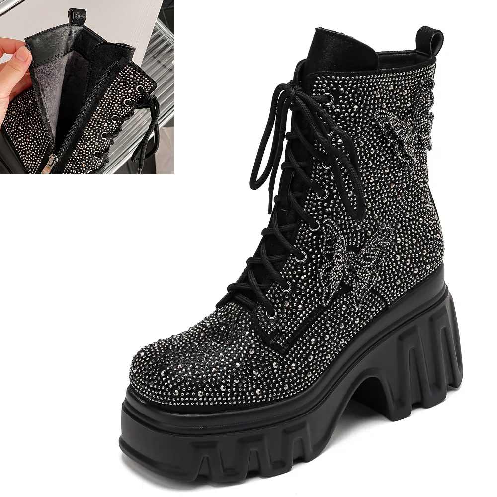 Spring Autumn New Super High Heels Platform Square Toe Winter Short Plush Bowknot Crystals Genuine Leather Women Ankle Short Modern Boots 60125