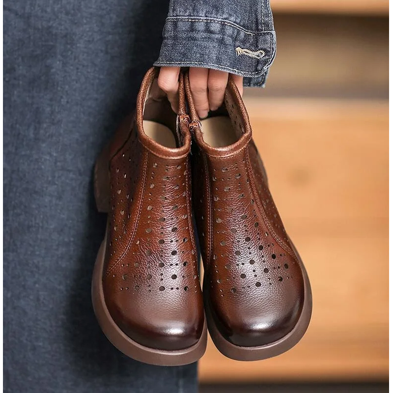 Summer Spring Autumn New British Style Retro Thick Heels Cut Out Zipper Genuine Leather Women Ankle Short Equestrian Boots 60125