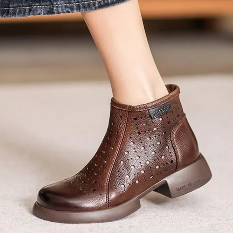 Summer Spring Autumn New British Style Retro Thick Heels Cut Out Zipper Genuine Leather Women Ankle Short Equestrian Boots 60125
