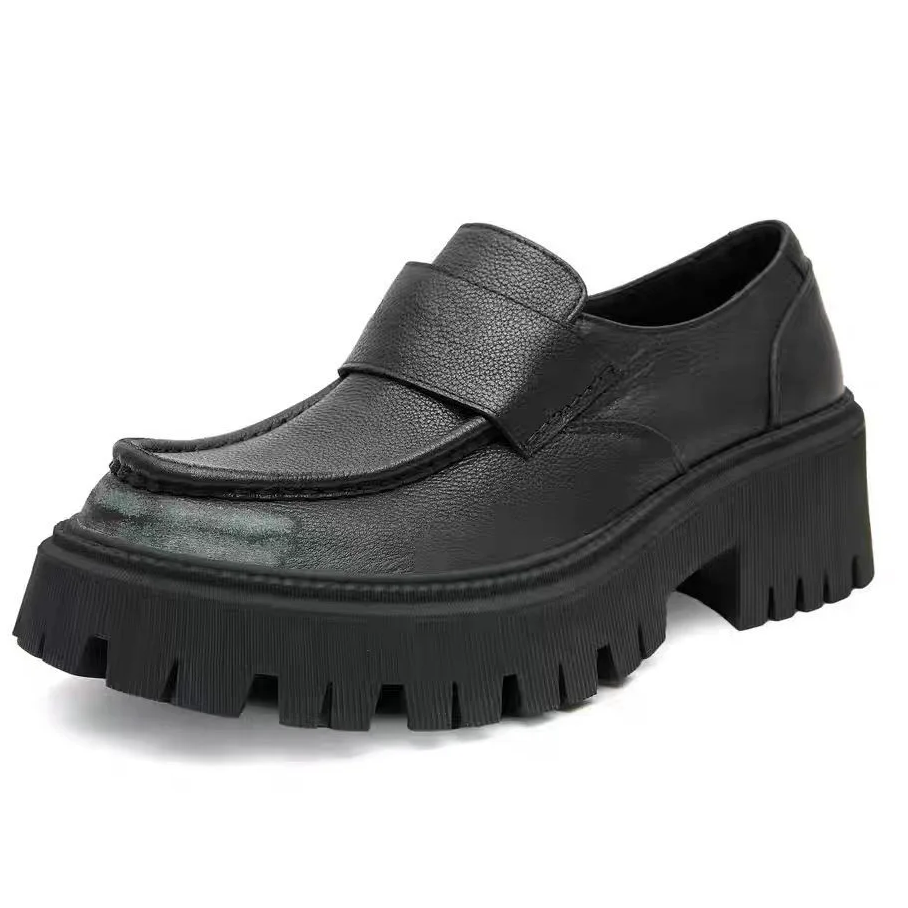 Spring Autumn New British Style Concise Thick High Heels Platform Belt Decoration Slip-On Genuine Leather Men Casual Shoes 60125