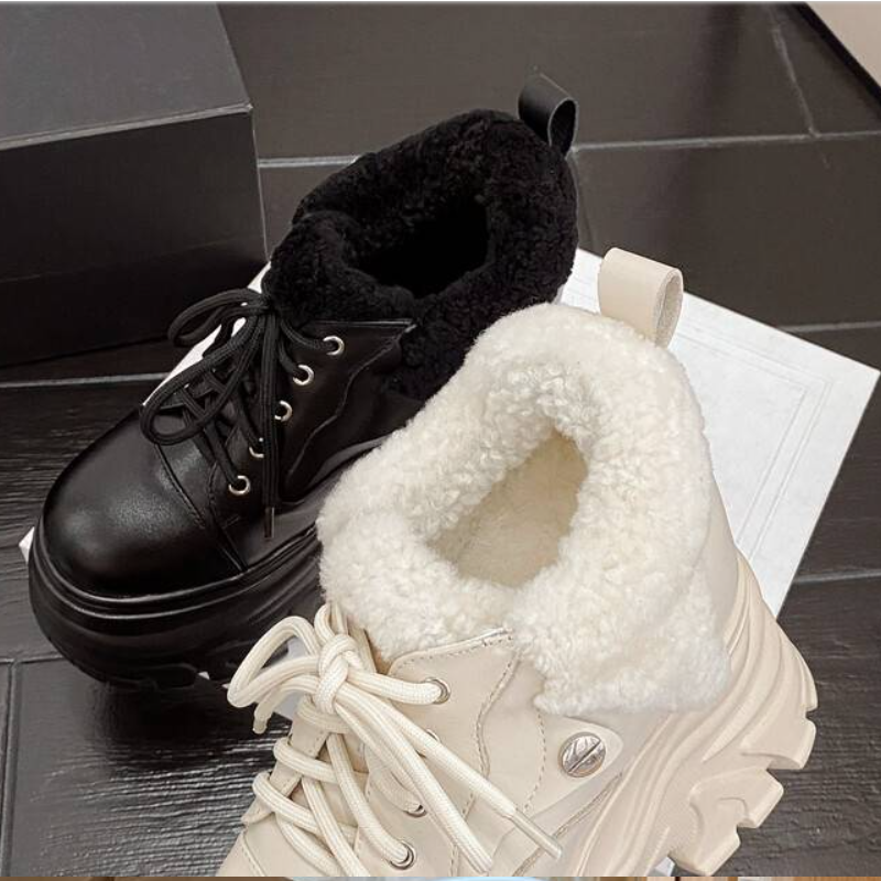 Winter New Korean Style Slim 14 CM Height Increasing Platform Crystal Plush Inside Lace-Up Genuine Leather Women Casual Shoes Sneakers 60125