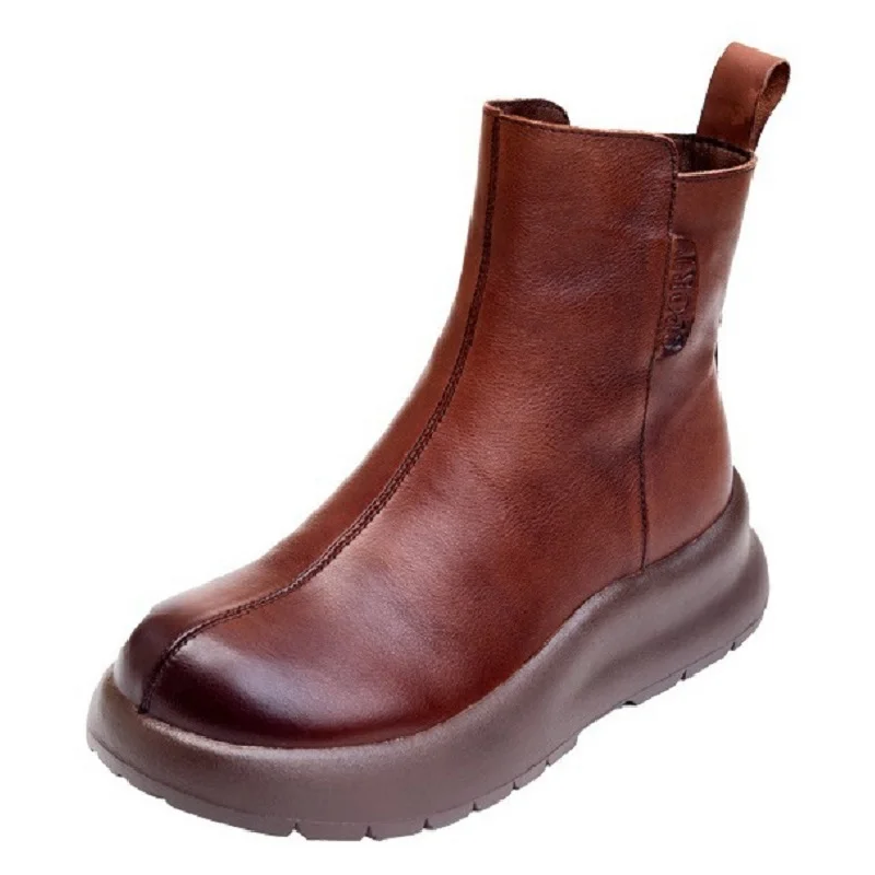 Spring Autumn Winter New British Style Retro Chunky Sole Platform Genuine Leather Zipper Women High Top Motorcycle Boots 2411
