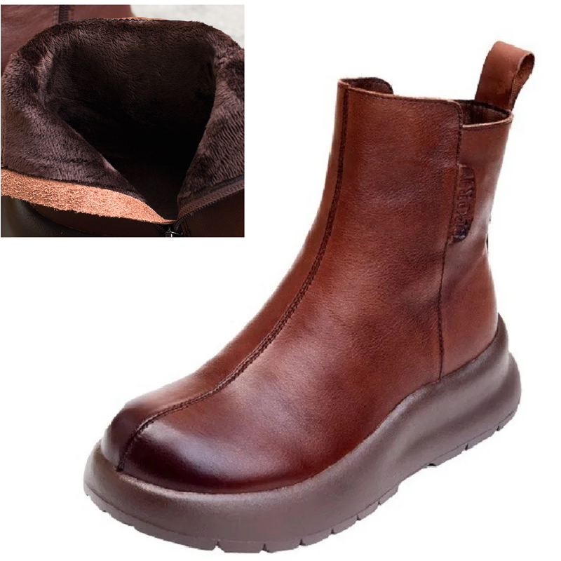 Spring Autumn New British Style Retro Chunky Sole Platform Winter Short Plush Concise Genuine Leather Zipper Women High Top Motorcycle Boots 60125