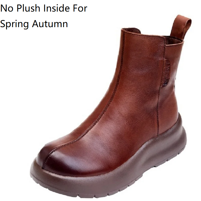 Spring Autumn New British Style Retro Chunky Sole Platform Winter Short Plush Concise Genuine Leather Zipper Women High Top Motorcycle Boots 60125