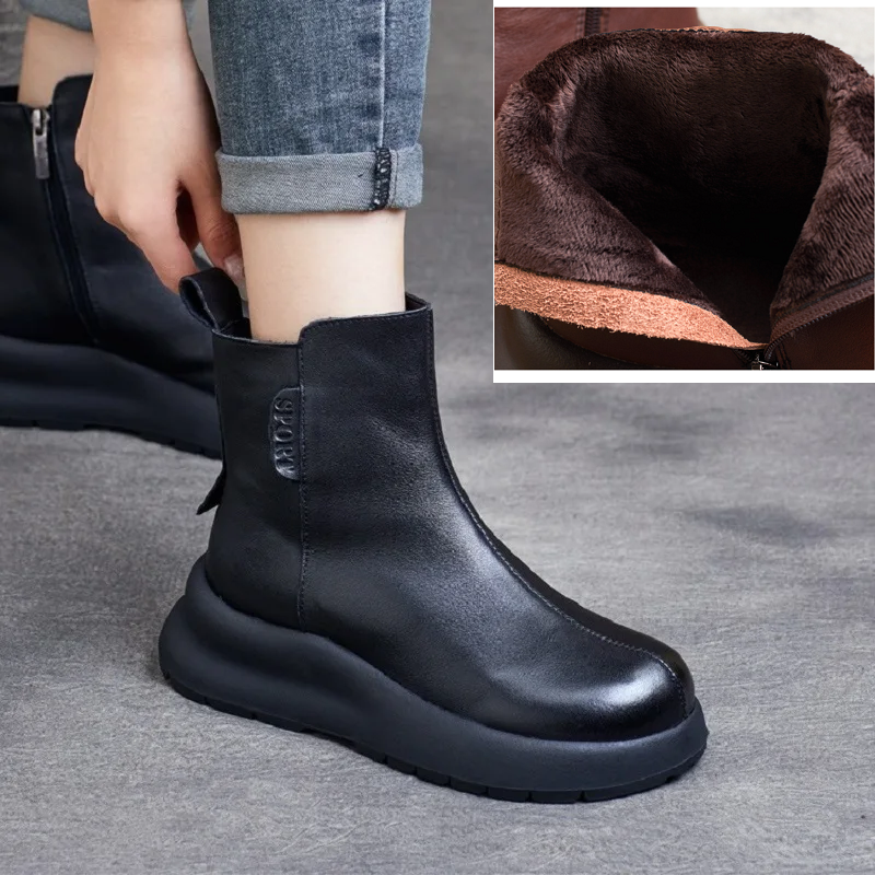 Spring Autumn New British Style Retro Chunky Sole Platform Winter Short Plush Concise Genuine Leather Zipper Women High Top Motorcycle Boots 60125