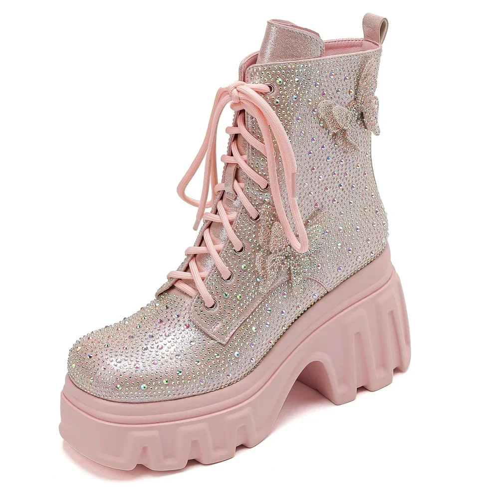 Spring Autumn New Super High Heels Platform Square Toe Winter Short Plush Bowknot Crystals Genuine Leather Women Ankle Short Modern Boots 60125