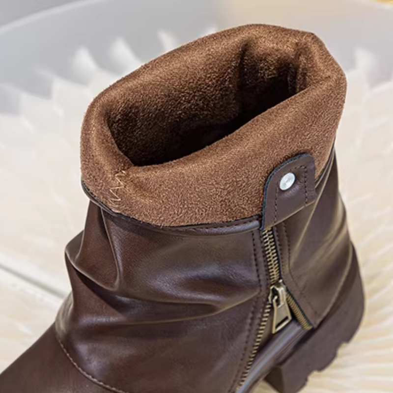 Spring Autumn New Punk Style Slim 13 CM Block Heel Height Increasing Platform Pleated Genuine Leather Winter Short Plush Zipper Women High Top Trouser-Leg Boots 60125