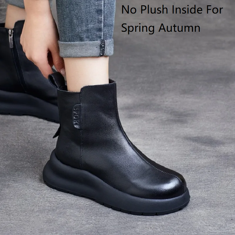 Spring Autumn New British Style Retro Chunky Sole Platform Winter Short Plush Concise Genuine Leather Zipper Women High Top Motorcycle Boots 60125