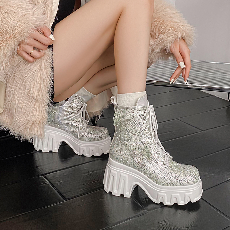 Spring Autumn New Super High Heels Platform Square Toe Winter Short Plush Bowknot Crystals Genuine Leather Women Ankle Short Modern Boots 60125