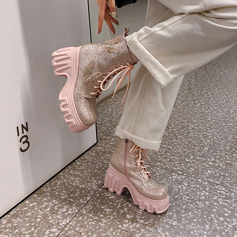 Spring Autumn New Super High Heels Platform Square Toe Winter Short Plush Bowknot Crystals Genuine Leather Women Ankle Short Modern Boots 60125