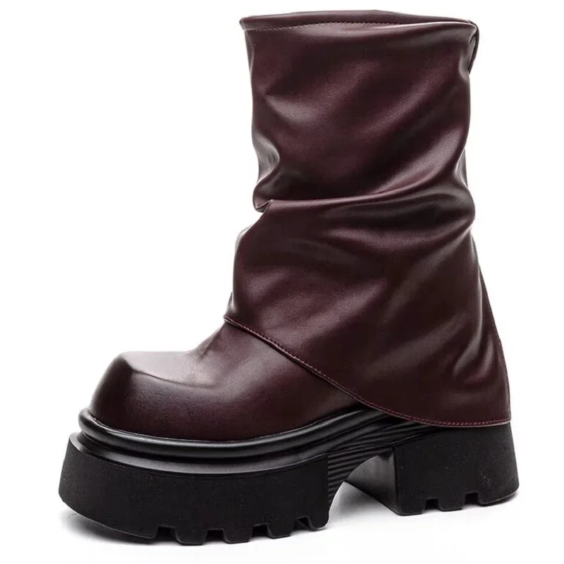 Spring Autumn New British Style Retro 12 CM  Height Internal Platform Square Toe Pleated Trouser-Leg Boots Genuine Leather Women Mid-Calf  Boots 60125